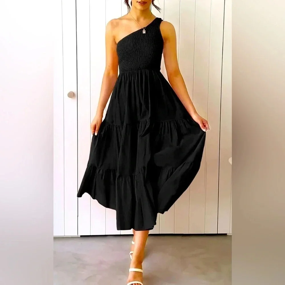 Women's Bohemian One Shoulder Sleeveless Smocked Ruffle Tiered Beach Midi Dress